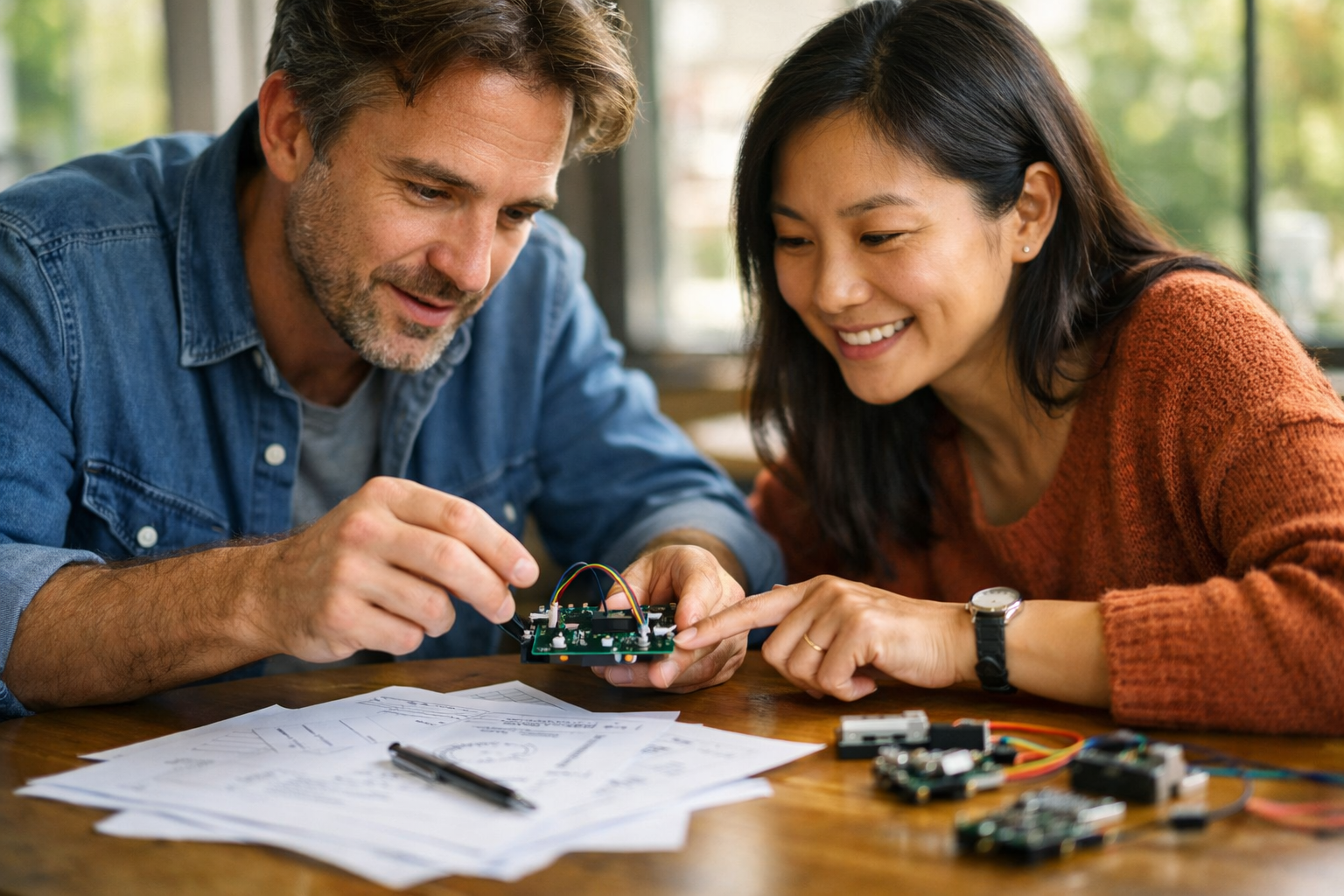 Founders collaborating around a prototype on a table