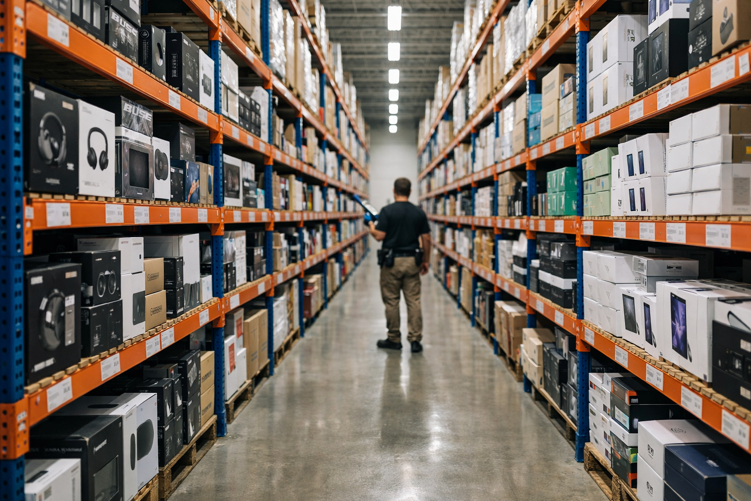 Warehouse shelves with packaged products